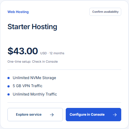 Actual GhostVPS web hosting plan card showing its published configuration and Console ordering link