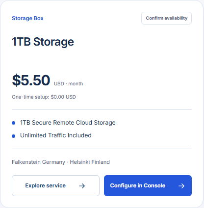 Real GhostVPS Storage Box plan card showing capacity, price and Console link