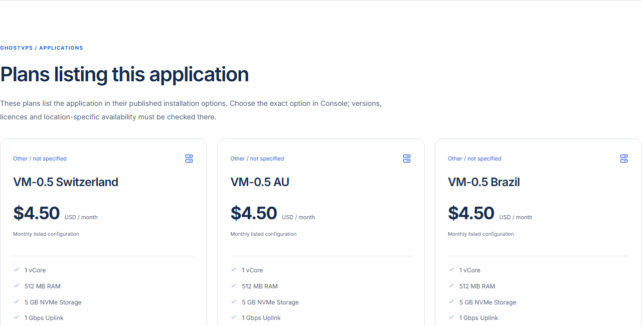 Actual GhostVPS WordPress application page listing VPS plans that publish WordPress as an installation option
